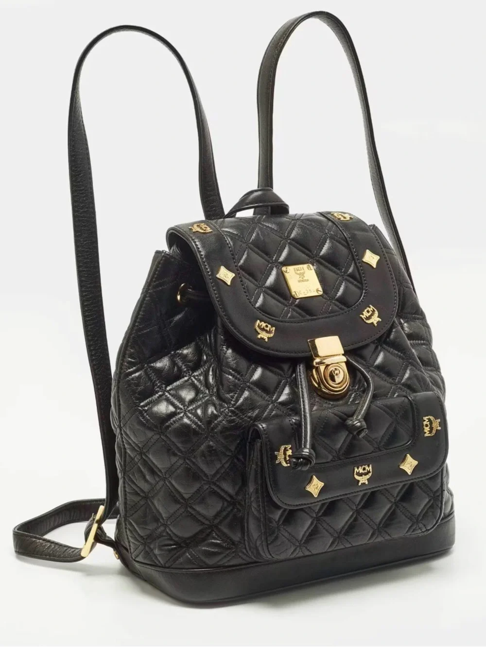 MCM Black Quilted Leather Mini Backpack with Gold Accents